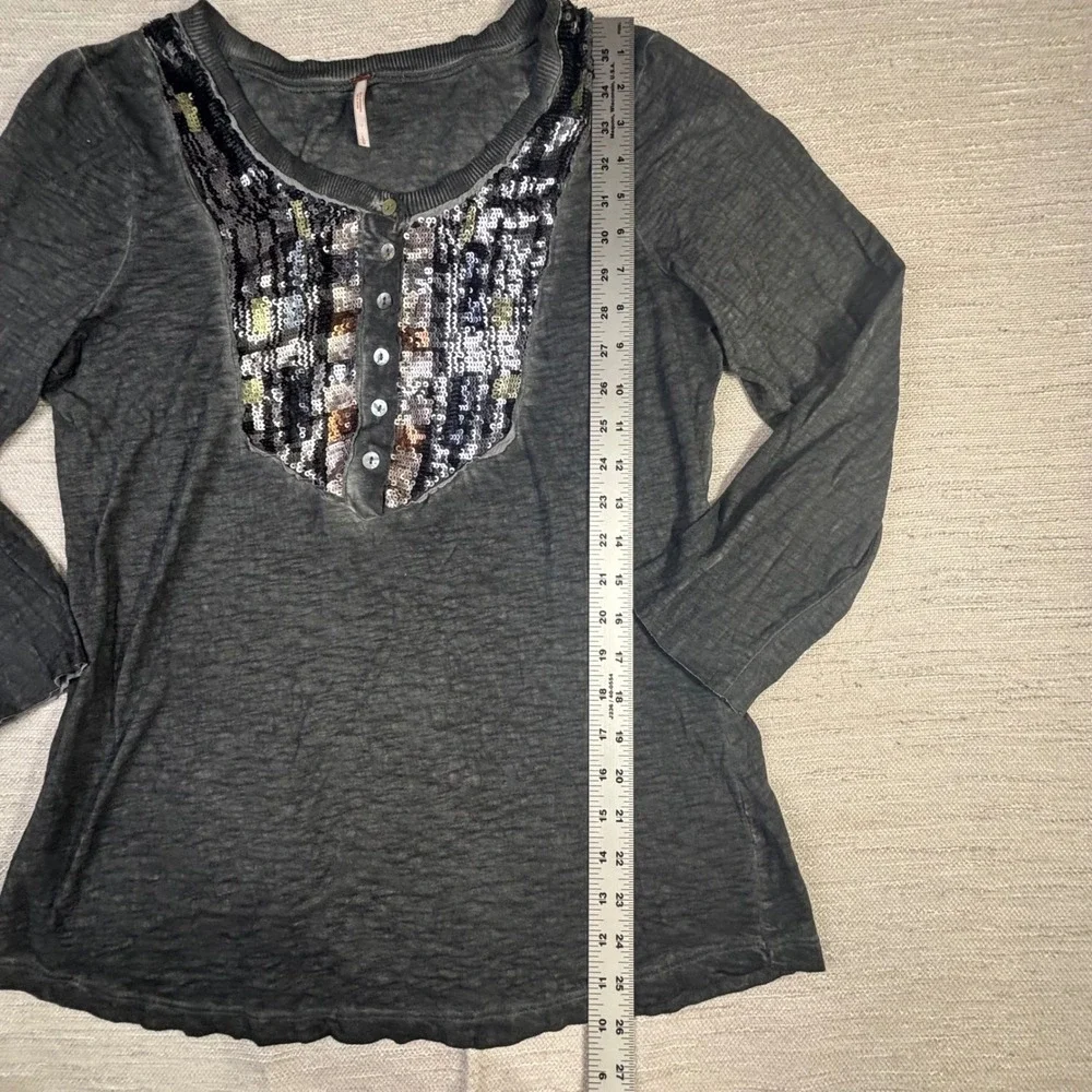 Free People Charcoal Gray Sequin Bib Henley Long Sleeve Burnout Top Large